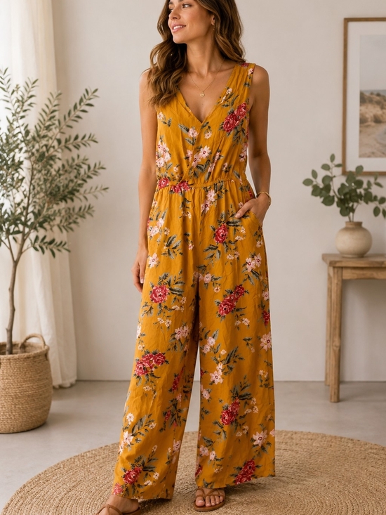 Pants - Mustard Floral Wide-Leg Jumpsuit